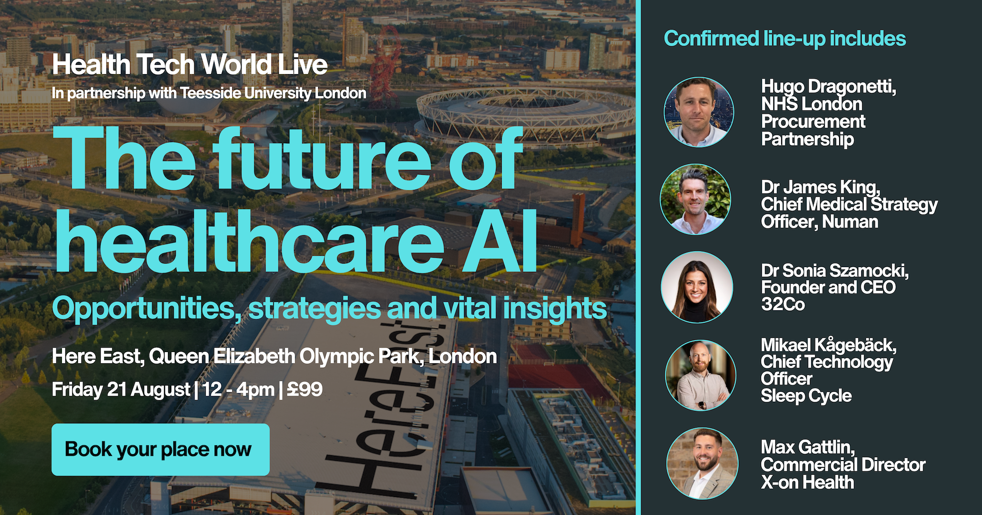 Promotional banner for Health Tech World Live: city skyline with large turquoise text 'The future of healthcare AI' and a right-side panel listing speakers with circular headshots.